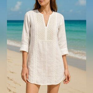 120% Lino Linen Tunic Top Beach Cover-Up Size 42/8 White Elegant Resort Wear